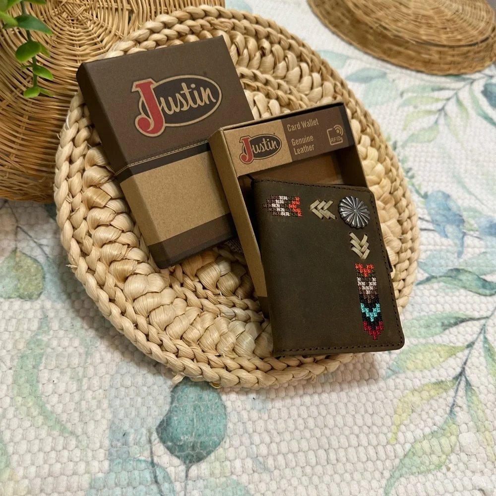 New Justin Boots Genuine Leather Card Wallet Tribal Western Colorful Embroidery